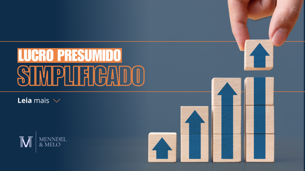 Uma mão montando uma torre de setinhas, simbolizando o lucro da empresa. Ao lado, o texto "lucro presumidos simplificado"