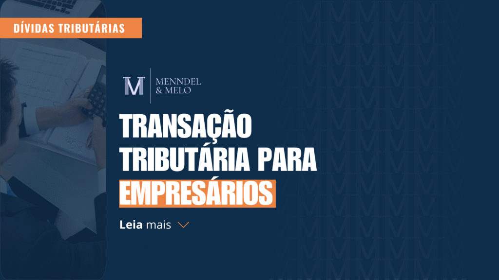 Empresario calculando os tributos e um texto ao lado. "Transação tributária para empresários"